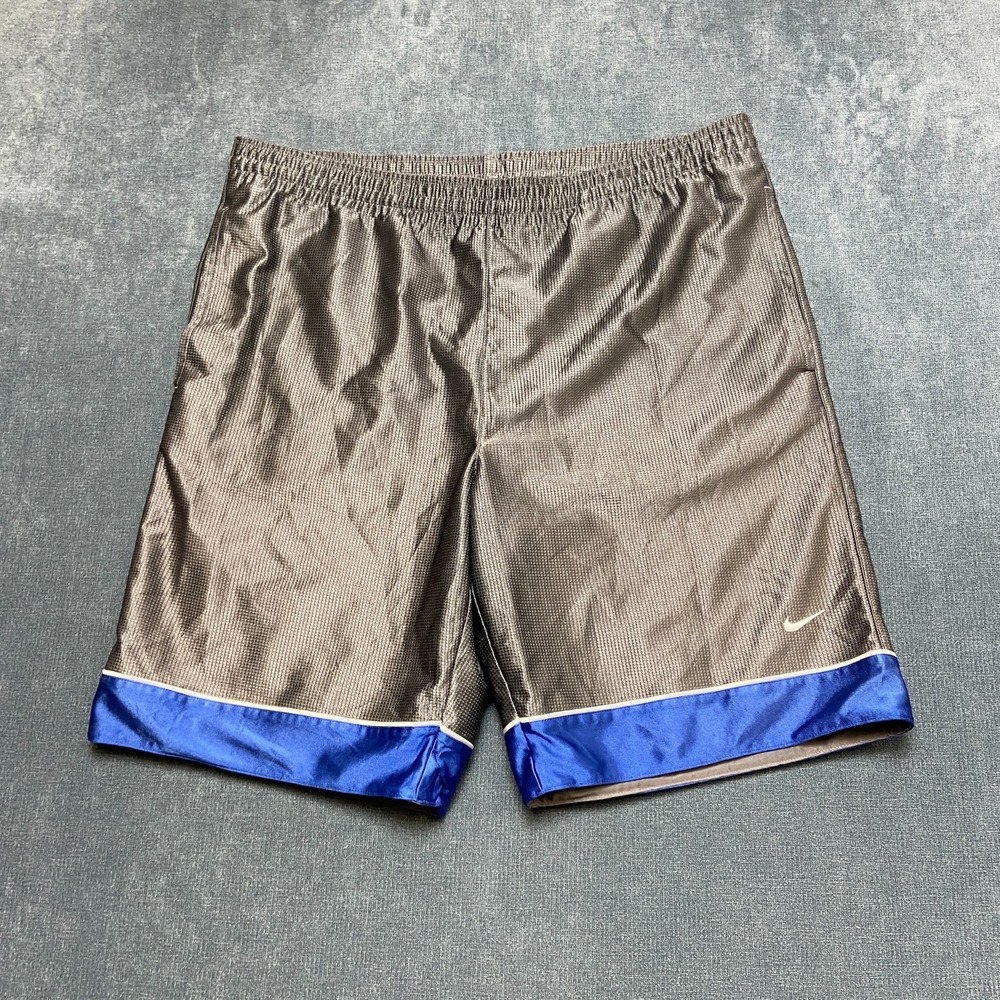 Vintage Nike Basketball Shorts Mens M Gray Blue Swoosh Logo Athletic Drawstring